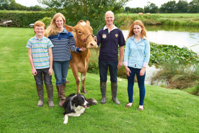 Katharine and Jason Salisbury with their children James and Emily, Edd the sheepdog and one of their pedigree Guernsey cows.  Photo: Salisbury family
