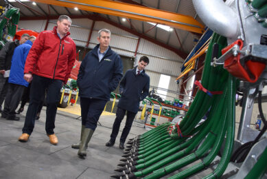 SlurryKat CEO Garth Cairns, left, with Daera Northern Ireland Agriculture Minister Edwin Poots, centre, and DUP MLA Jonathan Buckley. Photo: Chris McCullough