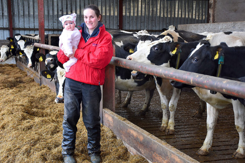 Balancing family and farm is Caryn Webster with six month old daughter Tilly on the family farm at Islandmagee. Photo: Chris McCullough