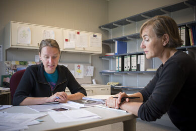 In discussion, Dr Gerlinde Van de Walle (left) and Rebecca Harman (right), research support specialist in the Van de Walle lab at the Baker Institute. - Photo: Rachel Philipson