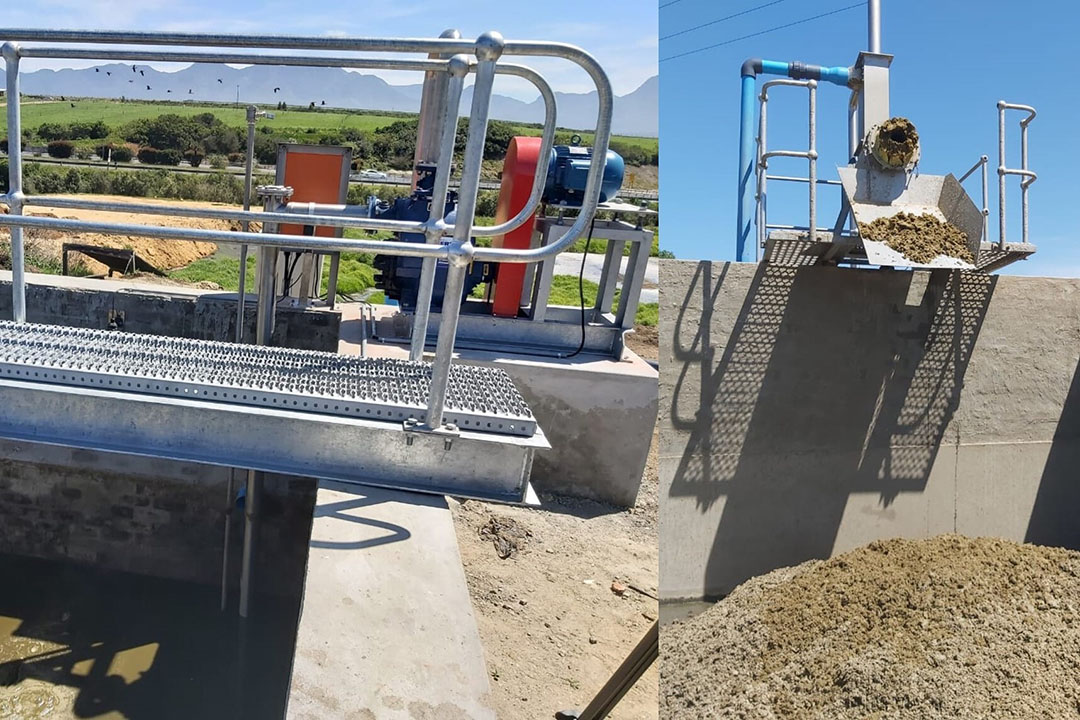 An agitator dam with a manure press. During milking, cow manure from the dairy parlour is collected and separated into liquids and solids. Photo: Lizl Kuyler