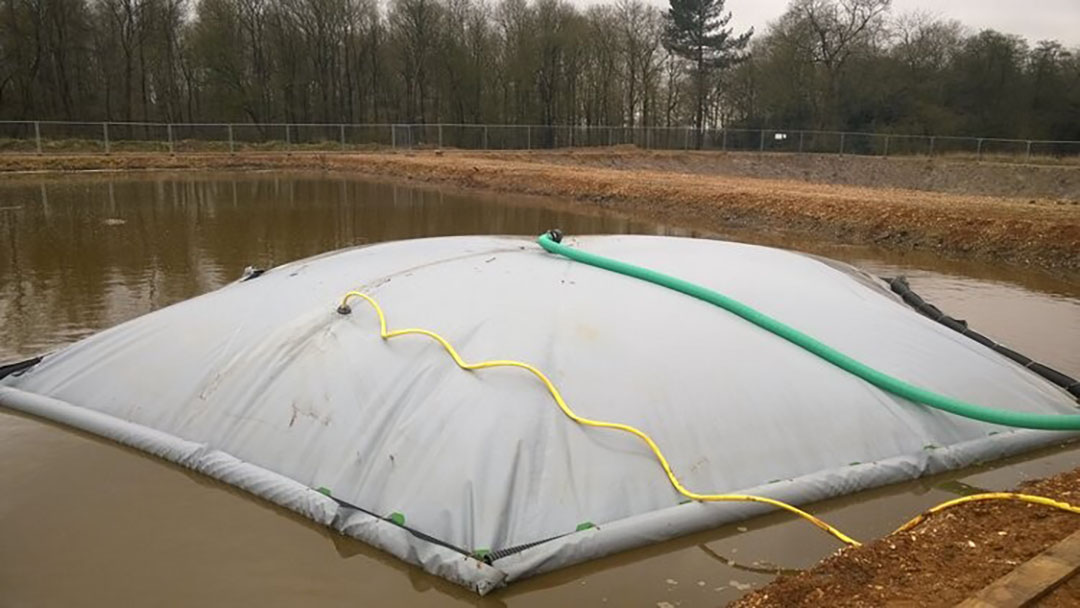 The BioQUBE can be used in conjunction with the company’s LagoonQUBE (pictured), a digester that floats in the manure lagoon. Photo: Qube Renewables