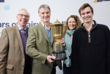 From left: Robert, John, Lucy and Rory Torrance lift the 2020 Gold Cup. Photo: Royal Association of British Dairy Farmers (RABDF)