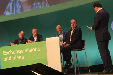 Food security was the main topic for the panel discussion. Bas Geerts of Cefetra, Patrick Charlton of Alltech, Robert van der Zee of Cefetra, Eric Visser of Hamlet Protein and Jaana Kleinschmit at ADM were somewhat critical of the EU farm to fork strategy. Photo: Fabian Brockötter