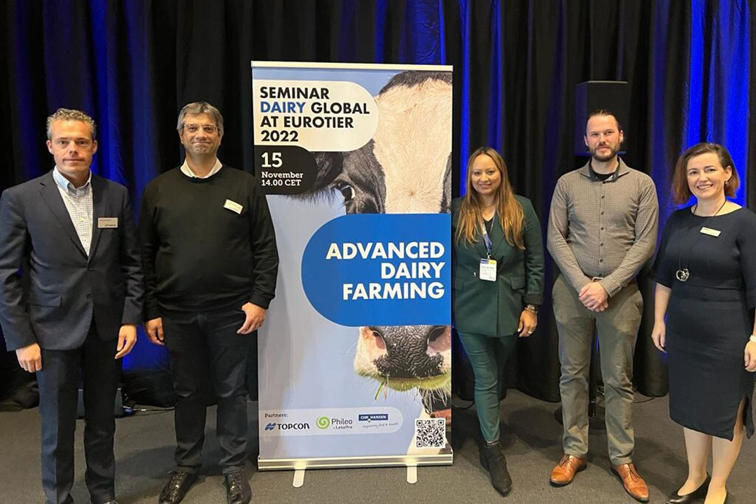 From left to right: Bert Coppelmans, sales manager precision feeding technology; Dr Valentin Nenov, global ruminant manager; Zana van Dijk, host and editor of Dairy Global; Prof Dr Ir Ben Aernouts, assistant professor in livestock management at KU Leuven campus Geel, Faculty of Engineering Technology, and Ainhoa Perojo Gutierrez, head of beef & dairy at APHN Chr. Hansen. Photo: Misset
