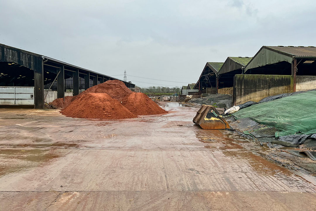 Overview of the roperty. In the middle is a pile of red sand. The farmer uses this for the cubicals. Photo: Marleen Purmer