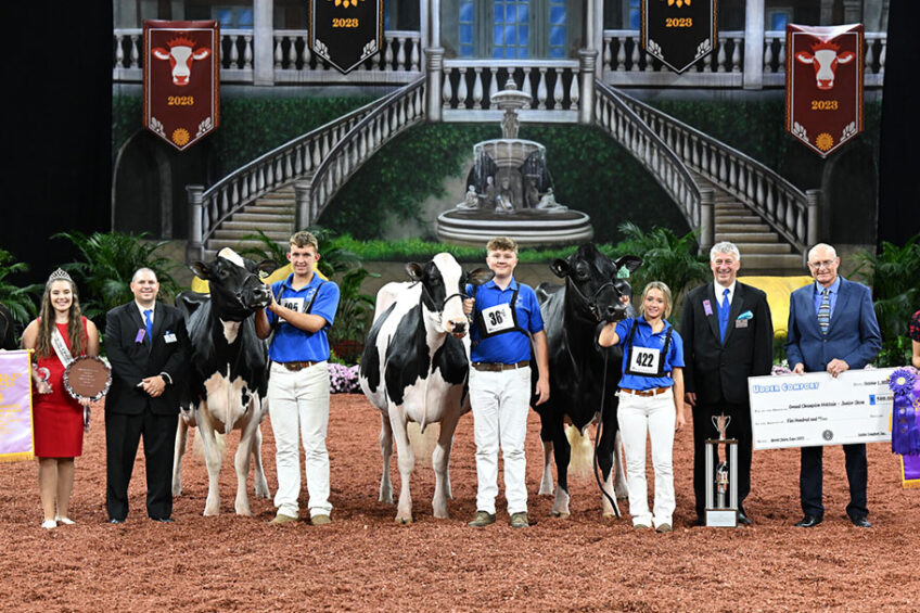 The Grand Champion of the International Junior Holstein Show went to Lin-Max Beemer Sweet Pea, exhibited by Sophie Leach of Linwood, Kan. Reserve Grand Champion honors went to Dappleview Tatoo Ella, exhibited by Tristen Ostrom of Kaukauna, Wis.