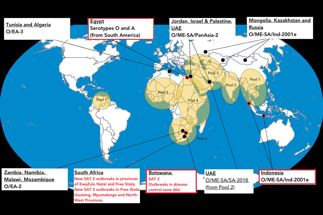 New headline events reported October-December 2022 in red with endemic pools highlighted in yellow. Source: WRLFMD. Map conforms to the United Nations World Map, June 2020.